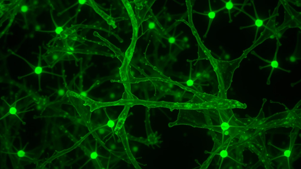 Microscopic view of muscle fiber cells with vibrant green fluorescent markers showing protein expression and cellular regeneration in laboratory setting