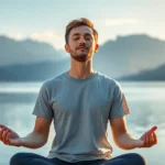 Person meditating in peaceful natural setting with mountains and calm water in background, serene expression, morning light, photorealistic, professional wellness photography
