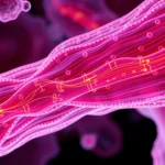 Microscopic view of muscle tissue with enhanced fiber growth and regeneration, showing cellular structures and myofibril organization in vivid biological colors, photorealistic medical illustration style