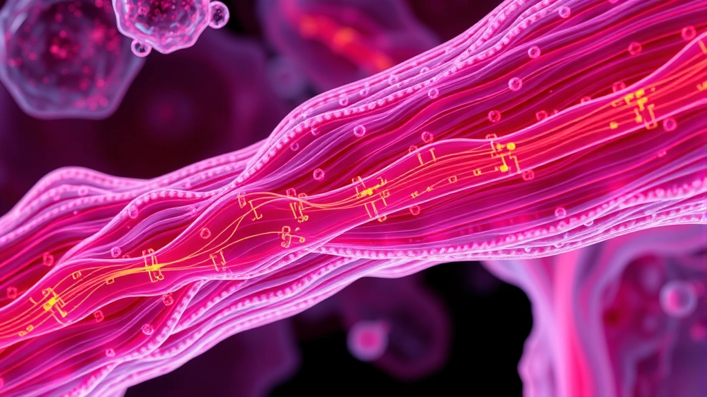 Microscopic view of muscle tissue with enhanced fiber growth and regeneration, showing cellular structures and myofibril organization in vivid biological colors, photorealistic medical illustration style