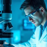 Photorealistic laboratory scientist in white coat examining neural tissue samples under advanced microscope with blue-tinted laboratory lighting, showing focused concentration on genetic research work