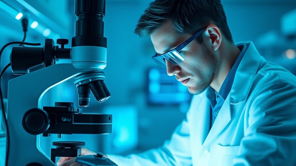 Photorealistic laboratory scientist in white coat examining neural tissue samples under advanced microscope with blue-tinted laboratory lighting, showing focused concentration on genetic research work