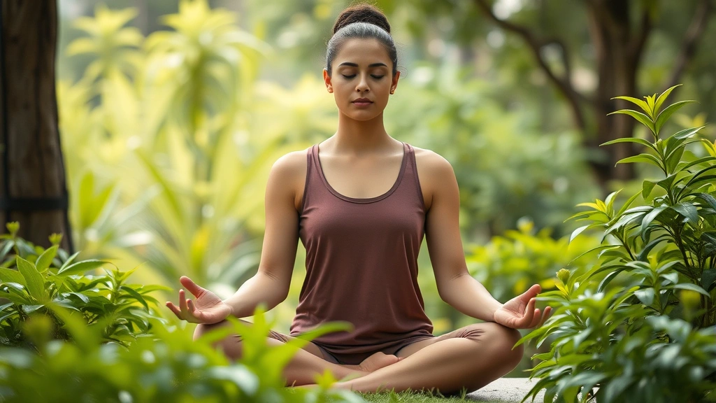Person sitting in peaceful meditation pose in natural outdoor setting, serene facial expression, surrounded by green plants, soft natural lighting, photorealistic, no text visible