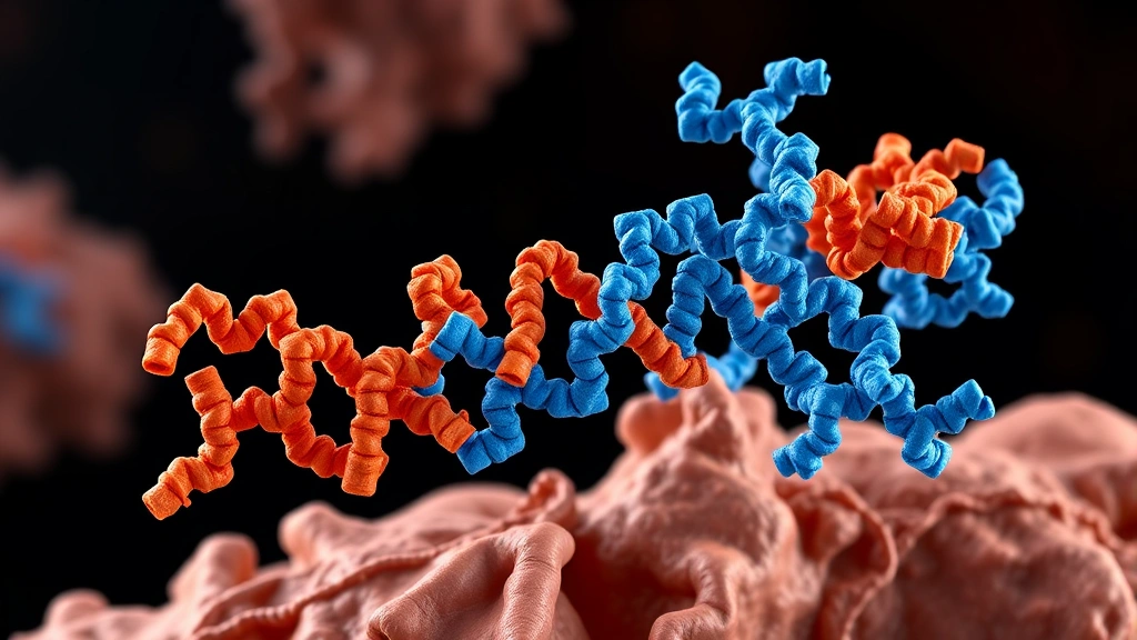 3D molecular model of follistatin protein binding to myostatin receptor on muscle cell surface with blue and orange protein structures against dark background