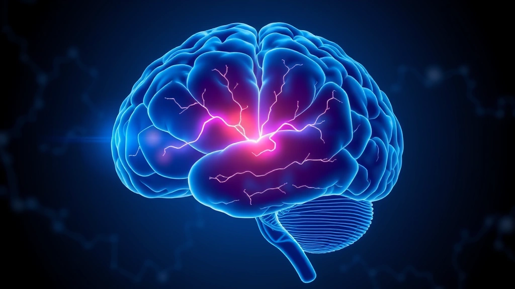 Brain illustration showing highlighted prefrontal cortex and reduced amygdala activity, neural pathways glowing, scientific visualization style, deep blue and white color scheme, medical accuracy