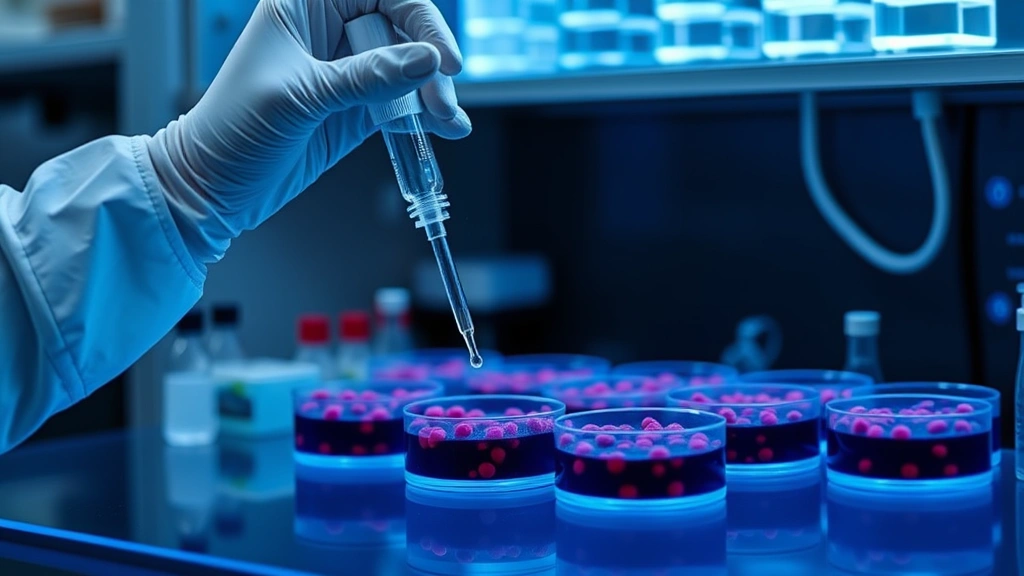 Laboratory scientist pipetting viral vector solution into petri dishes containing muscle cell cultures, modern biotech research setting with advanced equipment and blue-tinted lighting