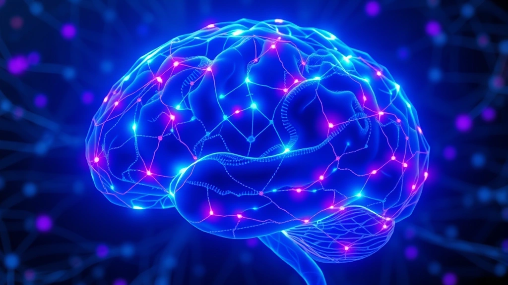 Brain with neural networks illuminated in blue and purple glowing light patterns, showing interconnected synapses and neural pathways, scientific visualization style, photorealistic, no text