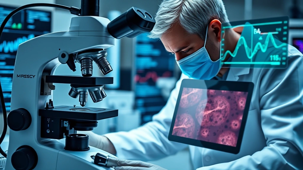 Laboratory scientist in white coat examining muscle tissue samples under advanced microscope with digital display showing genetic data and muscle fiber analysis