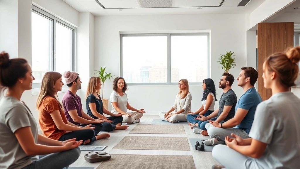 Group mindfulness meditation session in modern clinical setting with diverse participants sitting peacefully, natural window light, contemporary healthcare environment, warm professional atmosphere