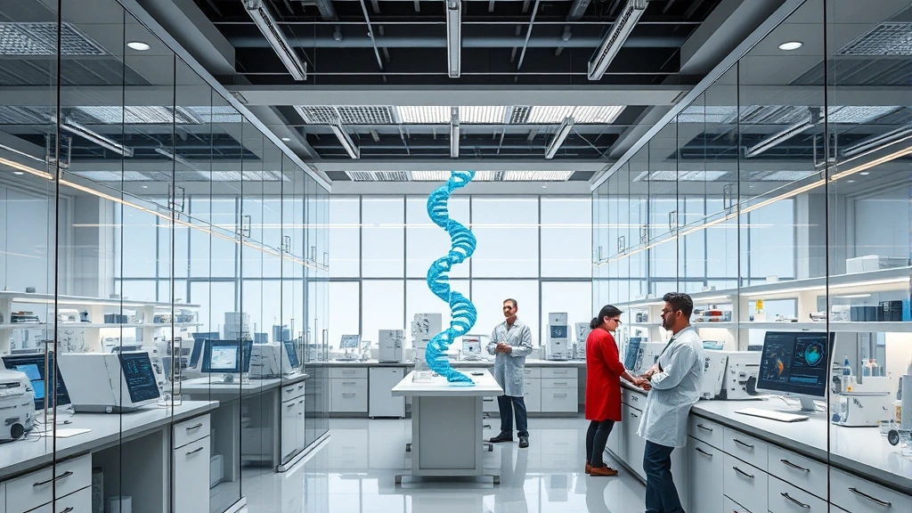 Photorealistic image of a modern genetic research facility with glass partitions, advanced scientific equipment, computer monitors displaying data, and researchers in professional attire collaborating around laboratory benches