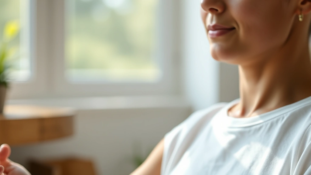 Close-up of mindfulness practitioner's hands in meditation position, peaceful expression, natural sunlight filtering through, calm therapeutic environment, photorealistic, no text visible
