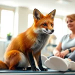 A trained therapeutic fox with soft russet fur sitting calmly beside a patient during physical therapy session in a bright, modern rehabilitation clinic with natural light streaming through windows