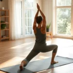 A person in a peaceful therapy room performing a mindful yoga pose on an exercise mat, with natural light streaming through large windows, demonstrating body awareness and present-moment focus during physical rehabilitation