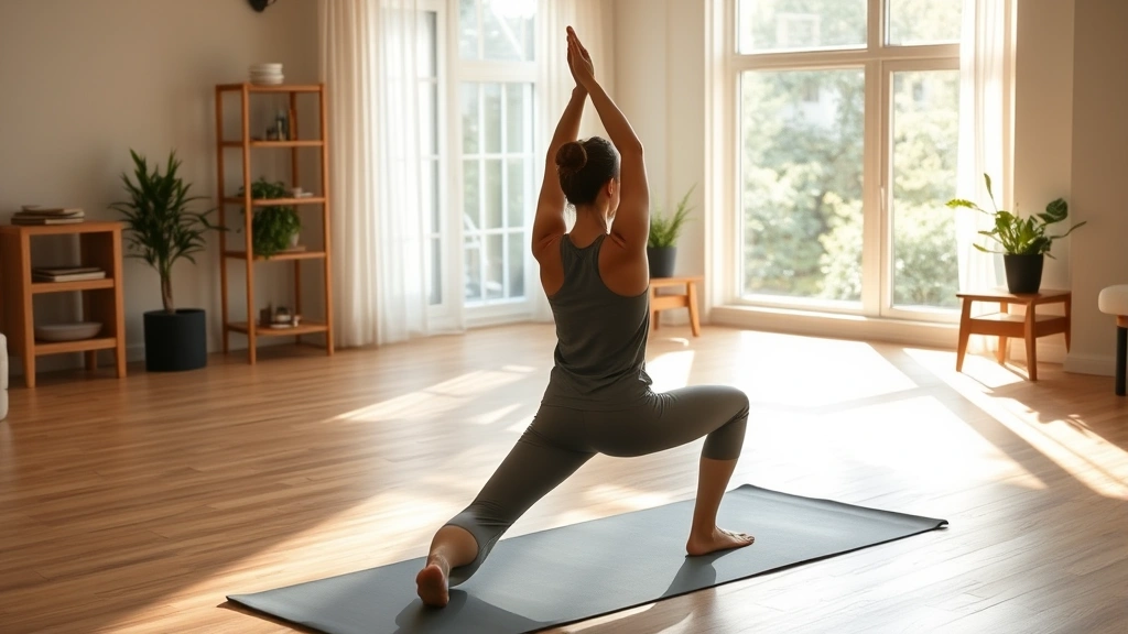 A person in a peaceful therapy room performing a mindful yoga pose on an exercise mat, with natural light streaming through large windows, demonstrating body awareness and present-moment focus during physical rehabilitation
