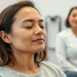 Person in professional physical therapy clinic performing guided mindfulness meditation with therapist, soft lighting, calm expression, therapeutic environment, close-up of peaceful face during breathing exercise