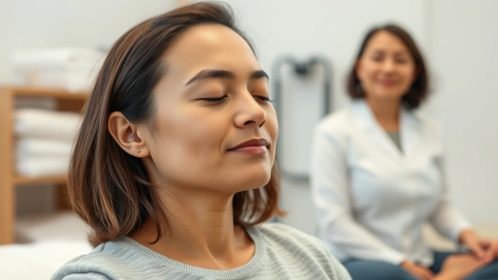 Person in professional physical therapy clinic performing guided mindfulness meditation with therapist, soft lighting, calm expression, therapeutic environment, close-up of peaceful face during breathing exercise