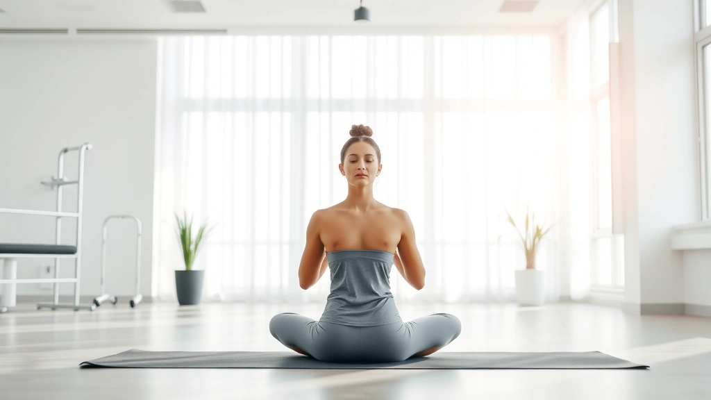 A serene person sitting in meditation pose on a yoga mat in a bright, minimalist physical therapy clinic with large windows, soft natural light streaming in, peaceful expression, clinical but calming environment
