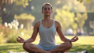 Person meditating in peaceful natural setting with soft sunlight, serene expression, cross-legged position, calm garden background, photorealistic wellness imagery