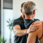 Physical therapist guiding patient through mindful movement exercise with gentle hand placement on shoulder, both focused and calm in modern clinical setting with natural lighting