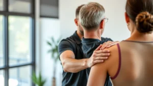 Physical therapist guiding patient through mindful movement exercise with gentle hand placement on shoulder, both focused and calm in modern clinical setting with natural lighting