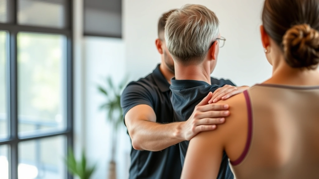 Physical therapist guiding patient through mindful movement exercise with gentle hand placement on shoulder, both focused and calm in modern clinical setting with natural lighting