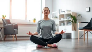 A serene person sitting in meditation posture in a modern rehabilitation clinic with soft natural lighting, peaceful expression, hands resting gently on knees, contemporary wellness environment