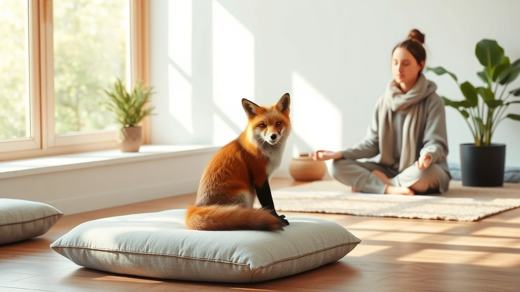 A serene therapy room with soft natural lighting where a calm fox sits on a cushioned platform while a person in comfortable clothing sits nearby in a meditative posture, both in peaceful stillness