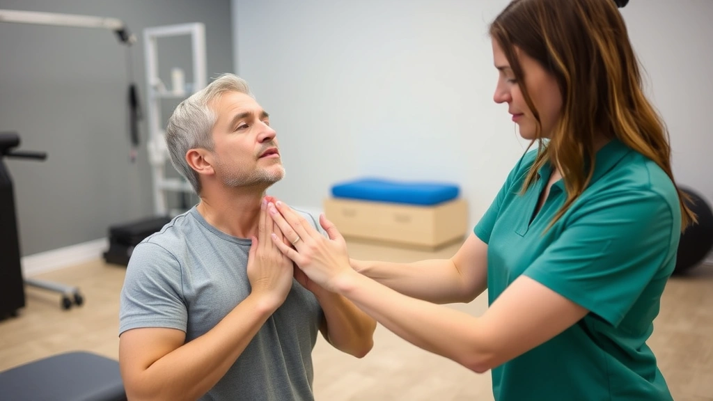 A licensed physical therapist guiding a patient through a breathing exercise during treatment, showing gentle hand placement and attentive instruction in a modern clinical setting with exercise equipment visible