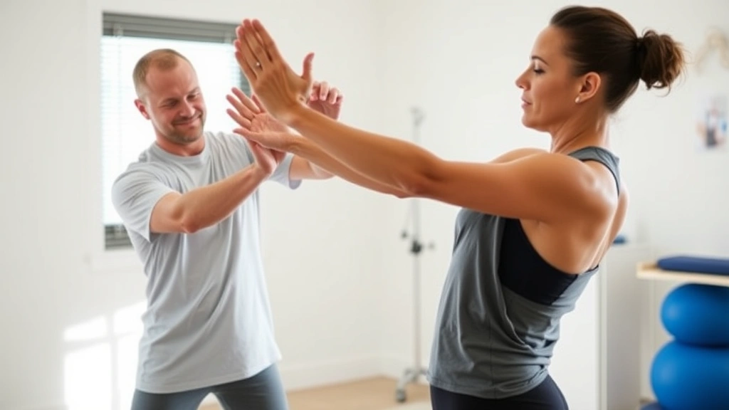 Physical therapist guiding patient through mindful movement exercise, patient in athletic wear performing controlled stretching motion with focused attention, bright clinical setting, demonstrating body awareness