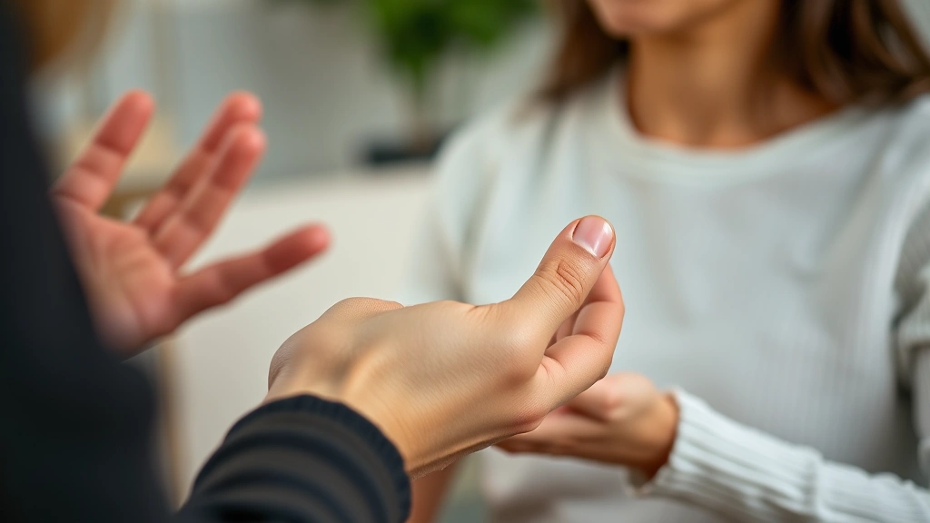 Close-up of a patient's hand during guided meditation with a therapist's hands nearby, showing mindful breathing practice, warm lighting, clinical setting, focused attention, therapeutic relationship