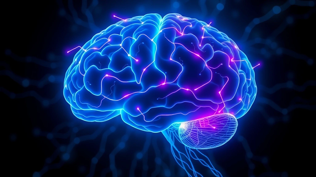 Brain visualization showing neural pathways and synaptic connections glowing with blue and purple light, representing mindfulness neuroplasticity changes, scientific illustration style