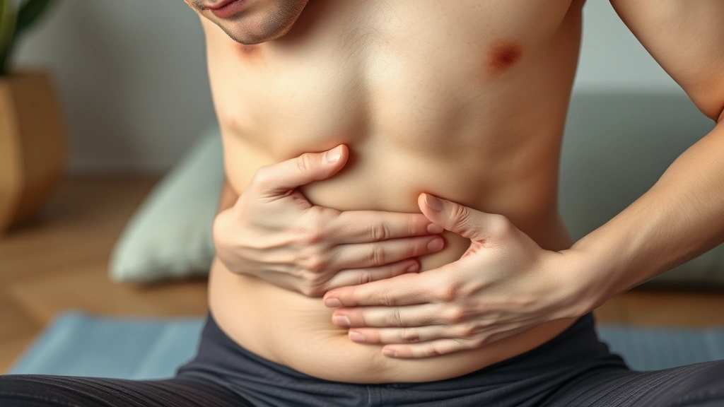 Close-up of person performing diaphragmatic breathing technique during therapy session, hand on abdomen, peaceful expression, demonstrating breathing awareness and nervous system regulation
