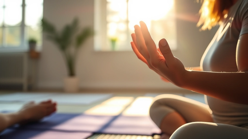 Close-up of hands performing gentle stretching or therapeutic movement during mindfulness practice, warm sunlight streaming through windows, peaceful focus, rehabilitation setting