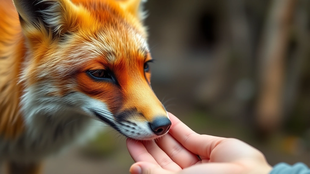 A close-up of a person's hand gently extended toward a fox's face in a therapeutic setting, showing gentle trust and connection between human and animal in a calming environment