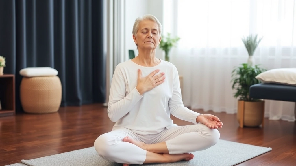 A patient sitting cross-legged during a body scan meditation in a calming therapy environment, with their hand placed on their chest, demonstrating the integration of mindfulness practices with physical recovery and healing