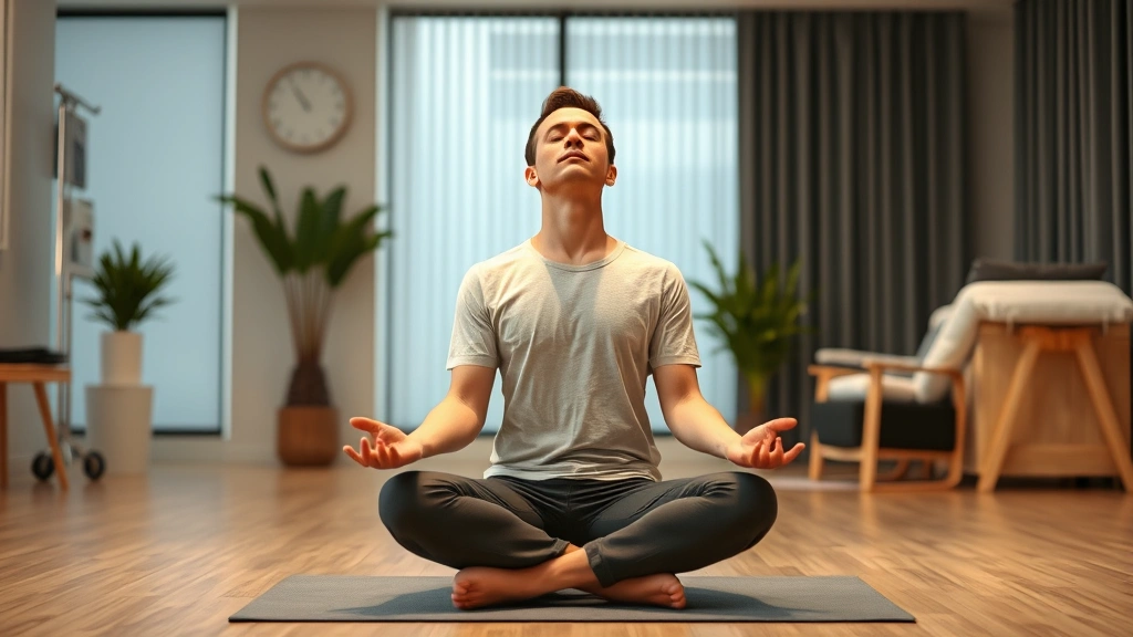 Patient practicing mindfulness meditation in rehabilitation clinic, sitting upright with eyes closed in relaxed posture, modern therapy room background, embodying present-moment awareness and healing intention