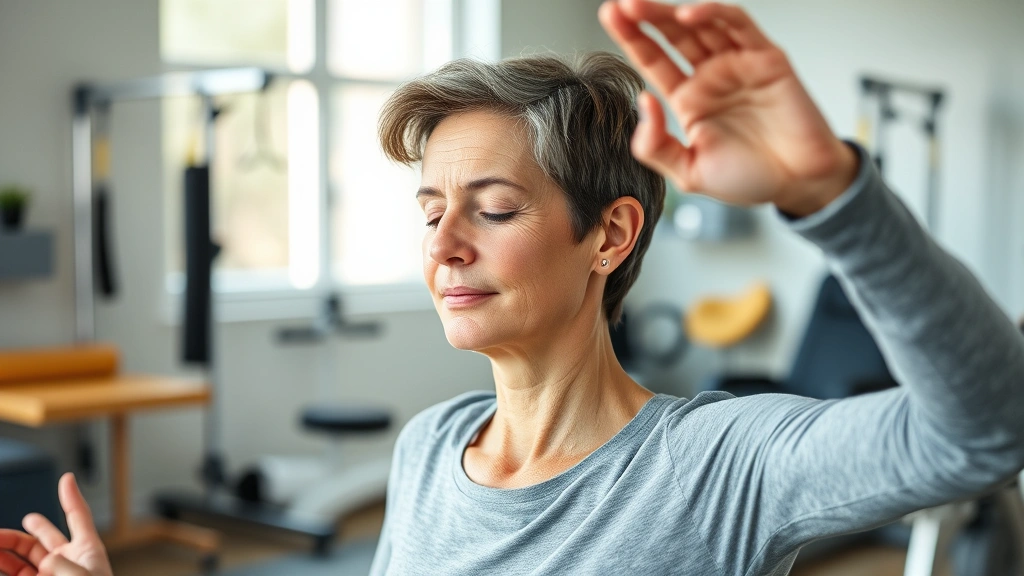 A patient performing mindful movement exercises with proper posture in a modern rehabilitation facility, concentration on their face, therapeutic equipment visible but blurred in background, natural daylight