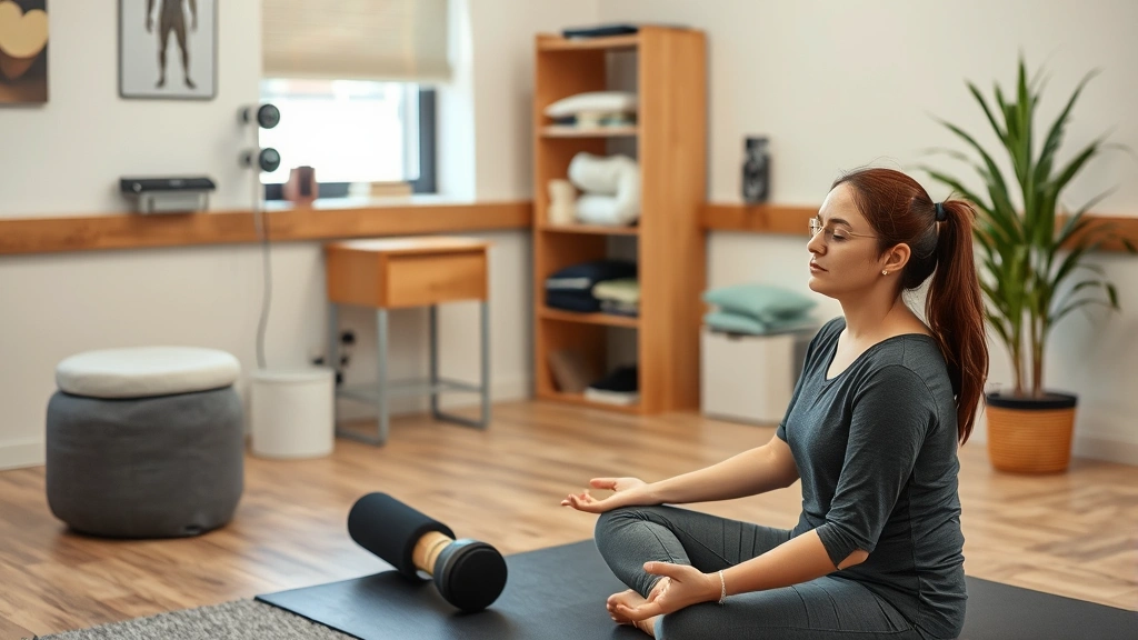 Therapist and patient engaged in body scan meditation during rehabilitation session, seated comfortably in therapy clinic, demonstrating present-moment awareness and interoceptive practice