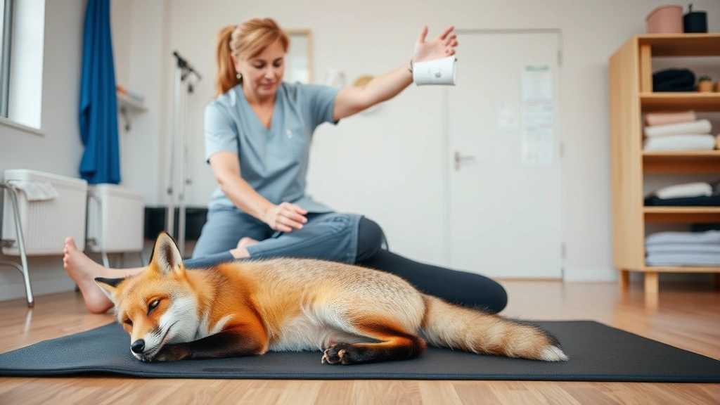 A physical therapist guiding a client through a gentle stretching exercise while a fox rests peacefully nearby on a mat, creating a calm healing atmosphere in a rehabilitation clinic