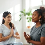 Occupational therapist guiding a diverse client through mindful breathing exercise in a calm, well-lit clinical setting with soft natural light streaming through windows, plants visible, peaceful and professional atmosphere