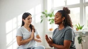 Occupational therapist guiding a diverse client through mindful breathing exercise in a calm, well-lit clinical setting with soft natural light streaming through windows, plants visible, peaceful and professional atmosphere