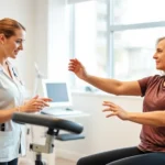 Professional occupational therapist conducting functional assessment with adult client in bright, modern clinical setting, demonstrating range of motion testing with therapeutic equipment visible