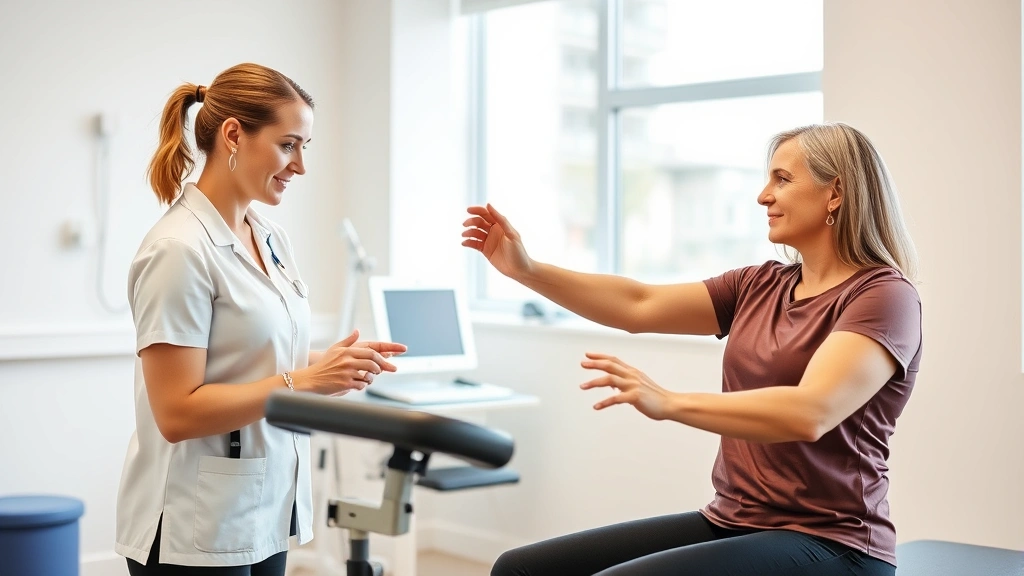 Professional occupational therapist conducting functional assessment with adult client in bright, modern clinical setting, demonstrating range of motion testing with therapeutic equipment visible