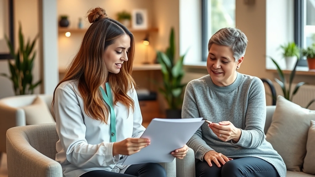 Diverse occupational therapist sitting with client in modern clinic, reviewing assessment notes on clipboard, warm lighting, therapeutic environment with comfortable seating and plants, both individuals focused and engaged