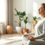 Serene occupational therapy clinic with therapist and client practicing mindfulness meditation together, soft natural lighting, peaceful environment with plants and calming decor, client sitting comfortably with eyes closed, therapist in supportive presence