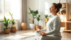 Serene occupational therapy clinic with therapist and client practicing mindfulness meditation together, soft natural lighting, peaceful environment with plants and calming decor, client sitting comfortably with eyes closed, therapist in supportive presence