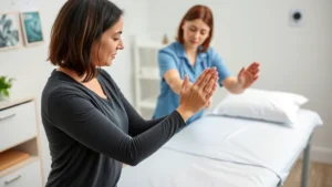 Occupational therapist working with adult client performing therapeutic hand exercises on treatment table, professional clinical environment, focus on hand positioning and therapeutic engagement