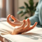 Close-up of hands in meditation position on lap with soft natural light filtering through window, peaceful clinical therapy room setting, photorealistic, no text visible