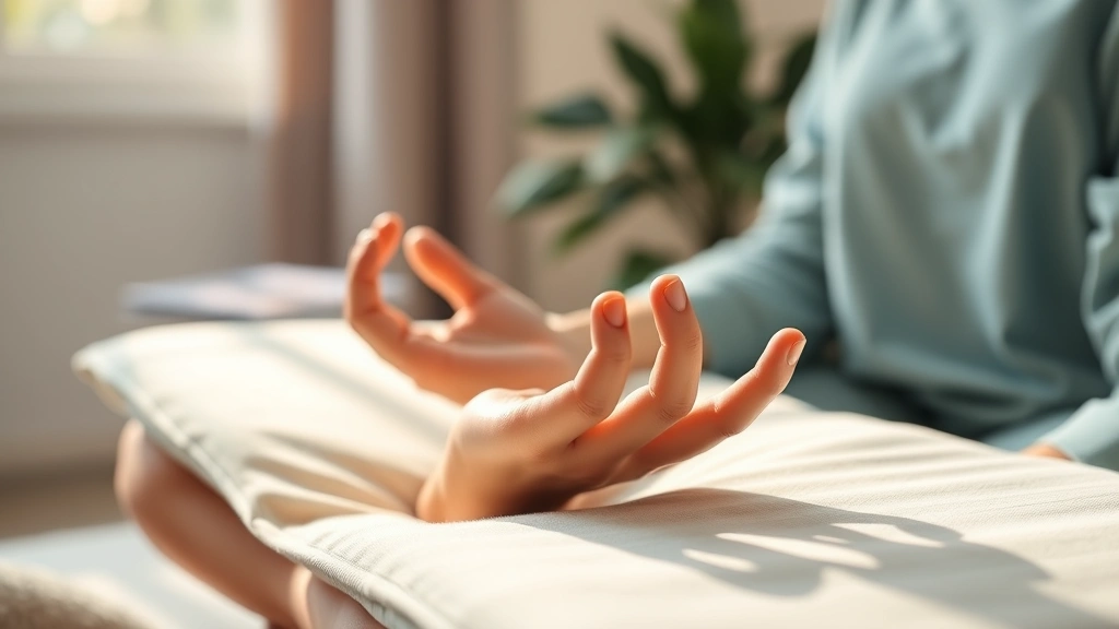 Close-up of hands in meditation position on lap with soft natural light filtering through window, peaceful clinical therapy room setting, photorealistic, no text visible