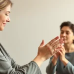 A serene occupational therapist guiding a client through mindful hand movements during a therapy session, with warm natural lighting and calming neutral background, photorealistic detail on hands and facial expressions of peaceful concentration